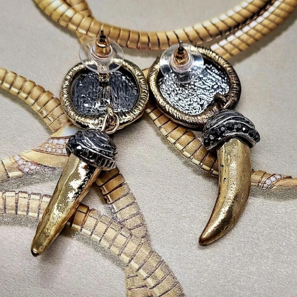 NWT Two-toned Natural Marcassite Encrusted Dangling Gold Spike Drop Earrings